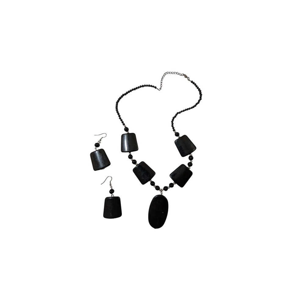 Vintage Black Geometric Chunky Bead Necklace and Matching Drop Earring Set